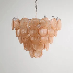 Murano caramel disc chandelier frontal close-up showing hanging chain and translucent glass disc arrangement