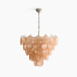 Murano caramel disc chandelier full overhead view with hand-blown glass layers and nickel metal frame