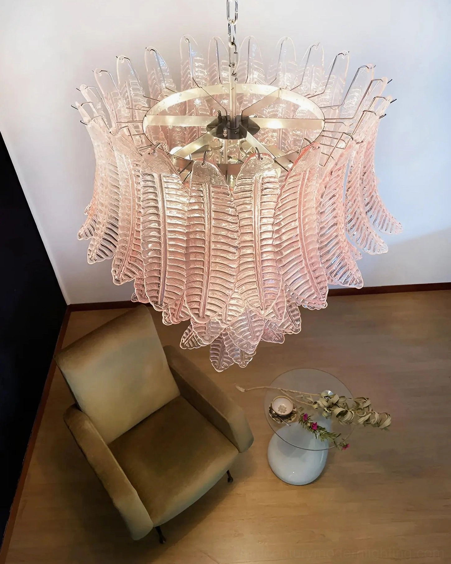 Palm leaf Murano glass chandelier architectural detail showing metal framework and bulb placement