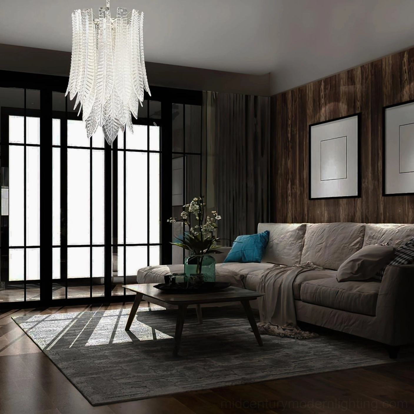 Murano glass feather chandelier architectural detail showing cascading leaf glass elements and structural design composition