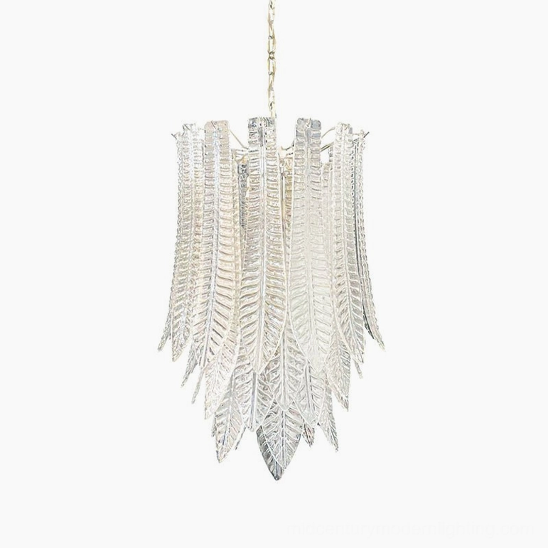 Murano glass feather chandelier in clear finish with chrome accents, studio lighting showcase