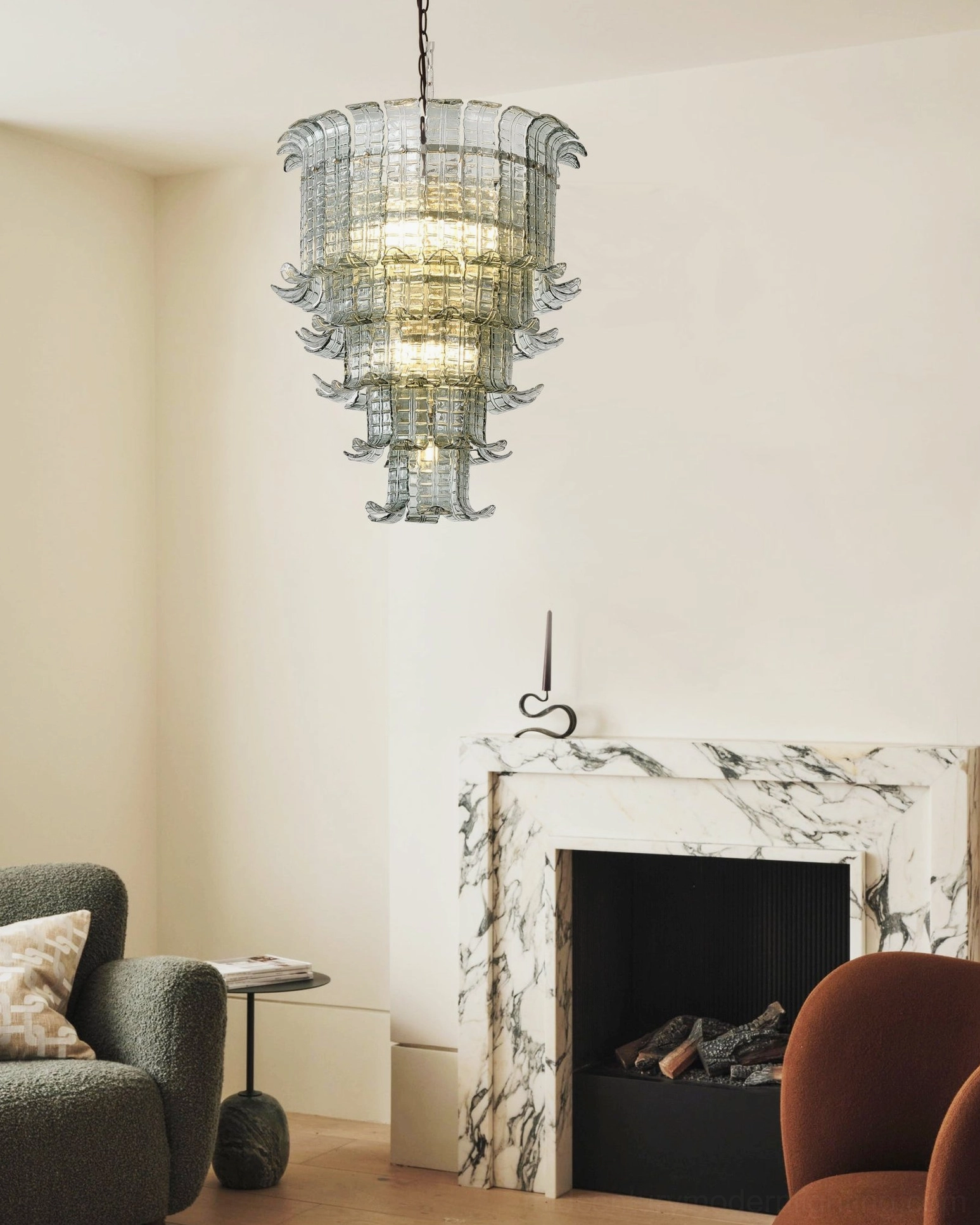 Murano tiered glass chandelier showcasing complete fixture design and proportional balance of cascading layers in neutral background