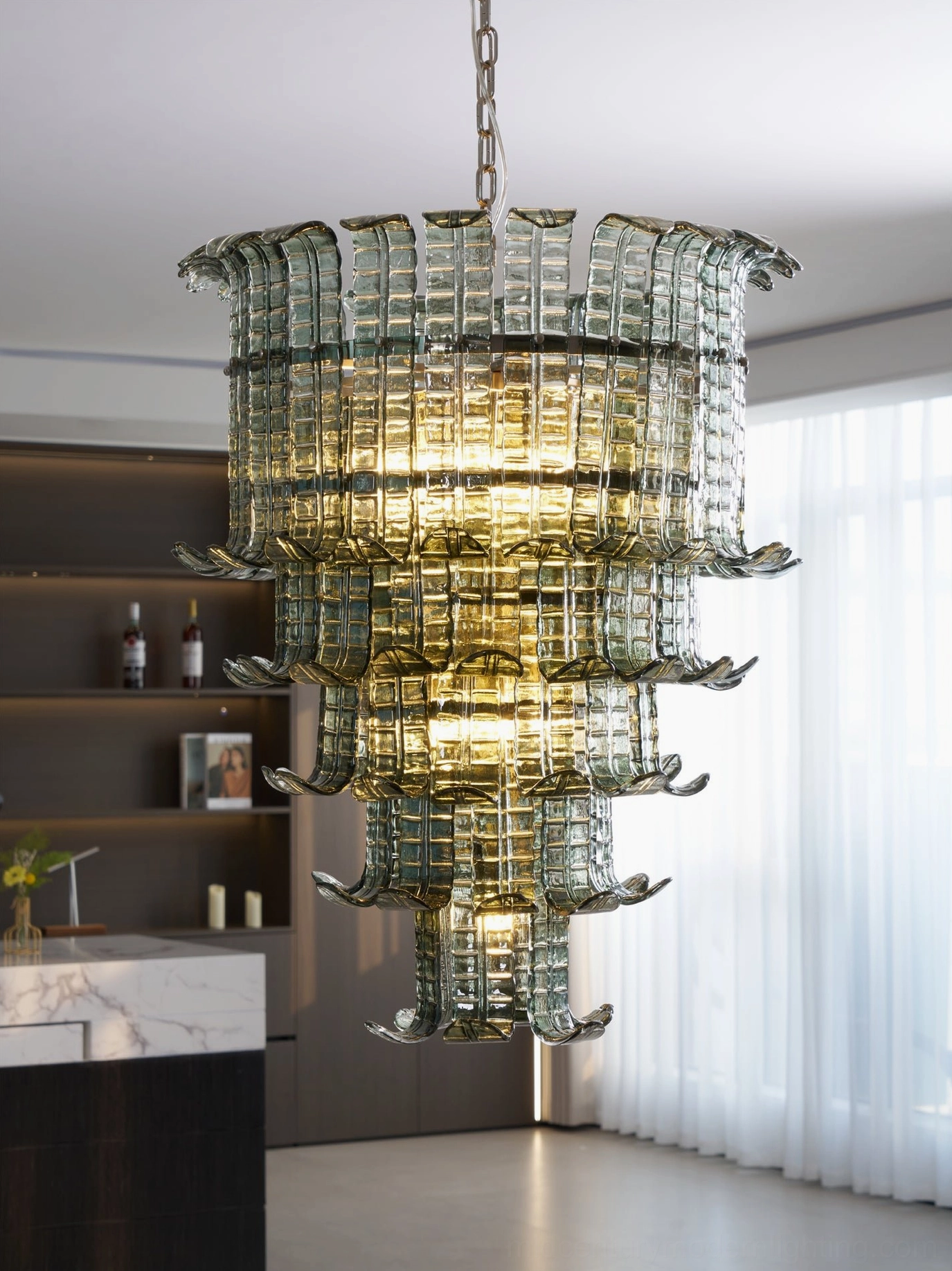 Murano tiered chandelier unlit studio lighting showing glass transparency and dimensional layered composition of modern luxury fixture