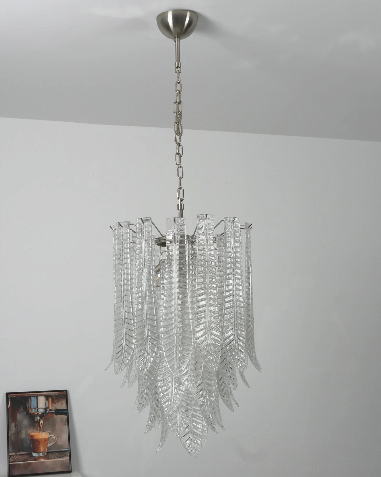High-resolution detail of Murano glass leaf chandelier showing individual glass leaf elements and metal connector details