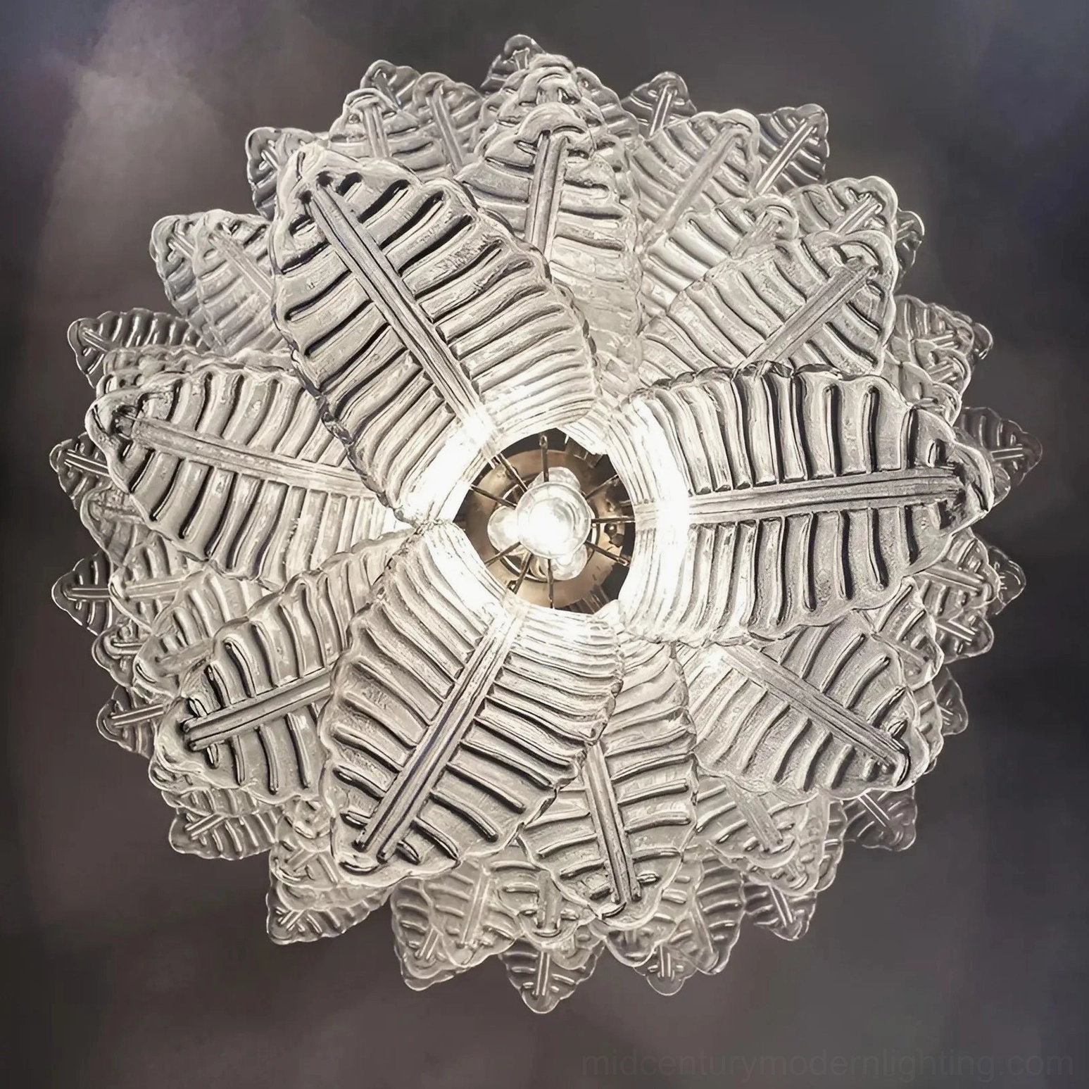 Palm leaf glass chandelier reflecting light across ceiling creating ambient shadow patterns