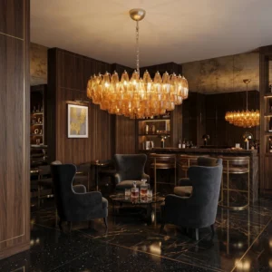 Amber rhombus chandelier installed in high-end modern bar lounge with dark wood interiors, warm ambient lighting