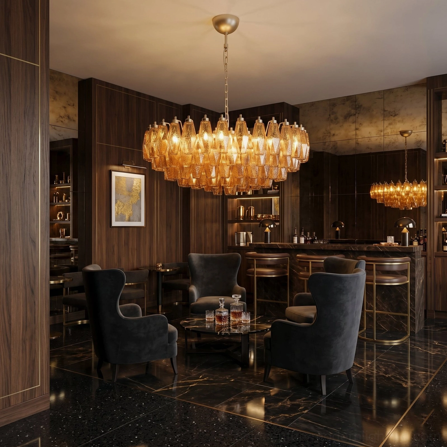 Amber rhombus chandelier installed in high-end modern bar lounge with dark wood interiors, warm ambient lighting