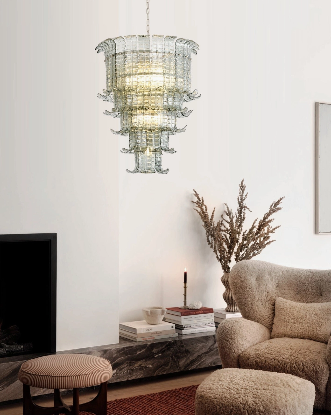 Murano tiered glass chandelier artistic perspective emphasizing contemporary luxury aesthetic and refined craftsmanship