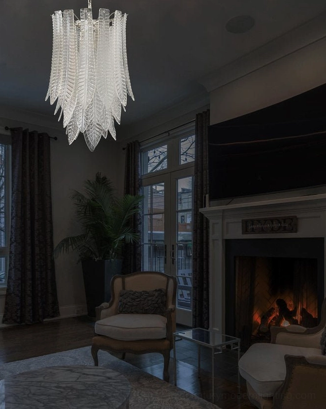 Murano glass feather chandelier in luxury traditional fireplace living room, showing versatile design compatibility with classic upscale décor