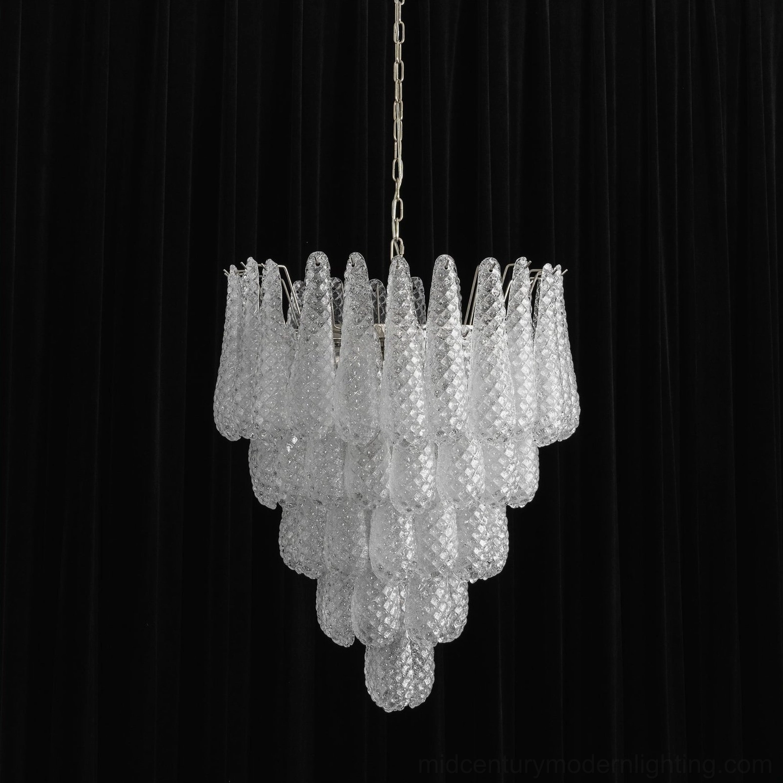 White and nickel Murano glass chandelier detail showing metal framework and glass pendant construction