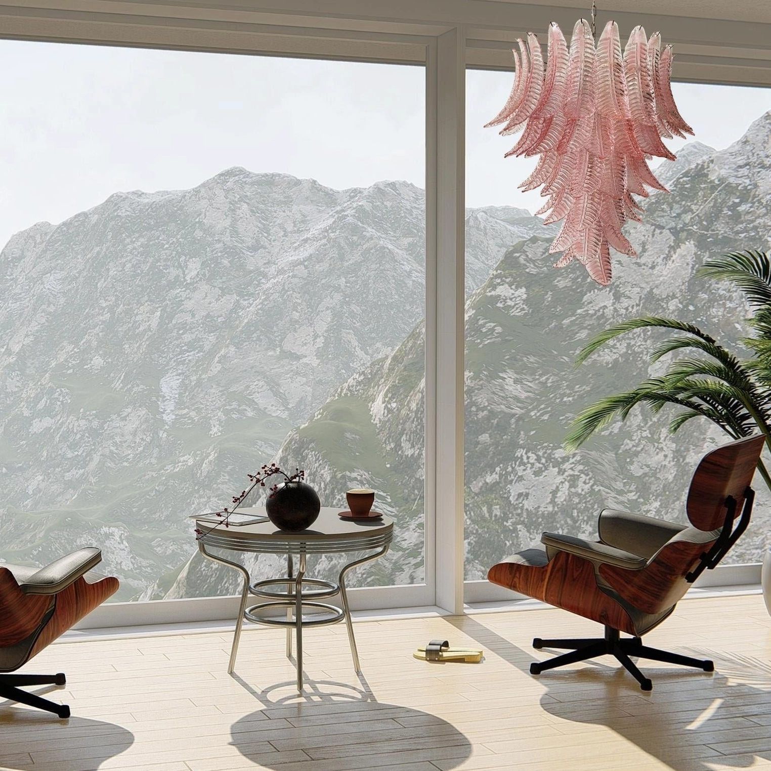 Pink palm leaf Murano glass chandelier hanging in modern mountain-view luxury living room