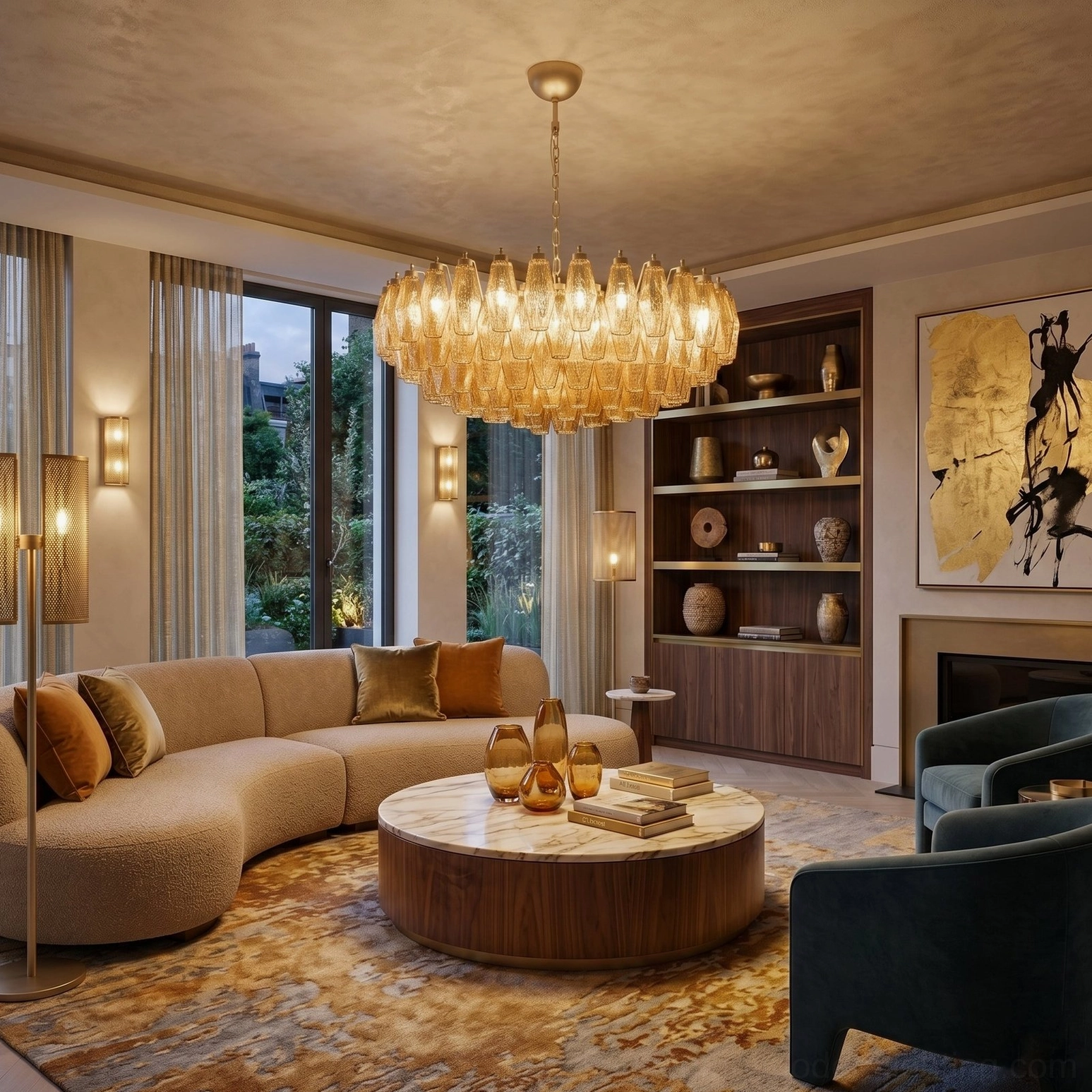 Geometric amber glass chandelier in contemporary living room with sectional sofa, fireplace and area rug
