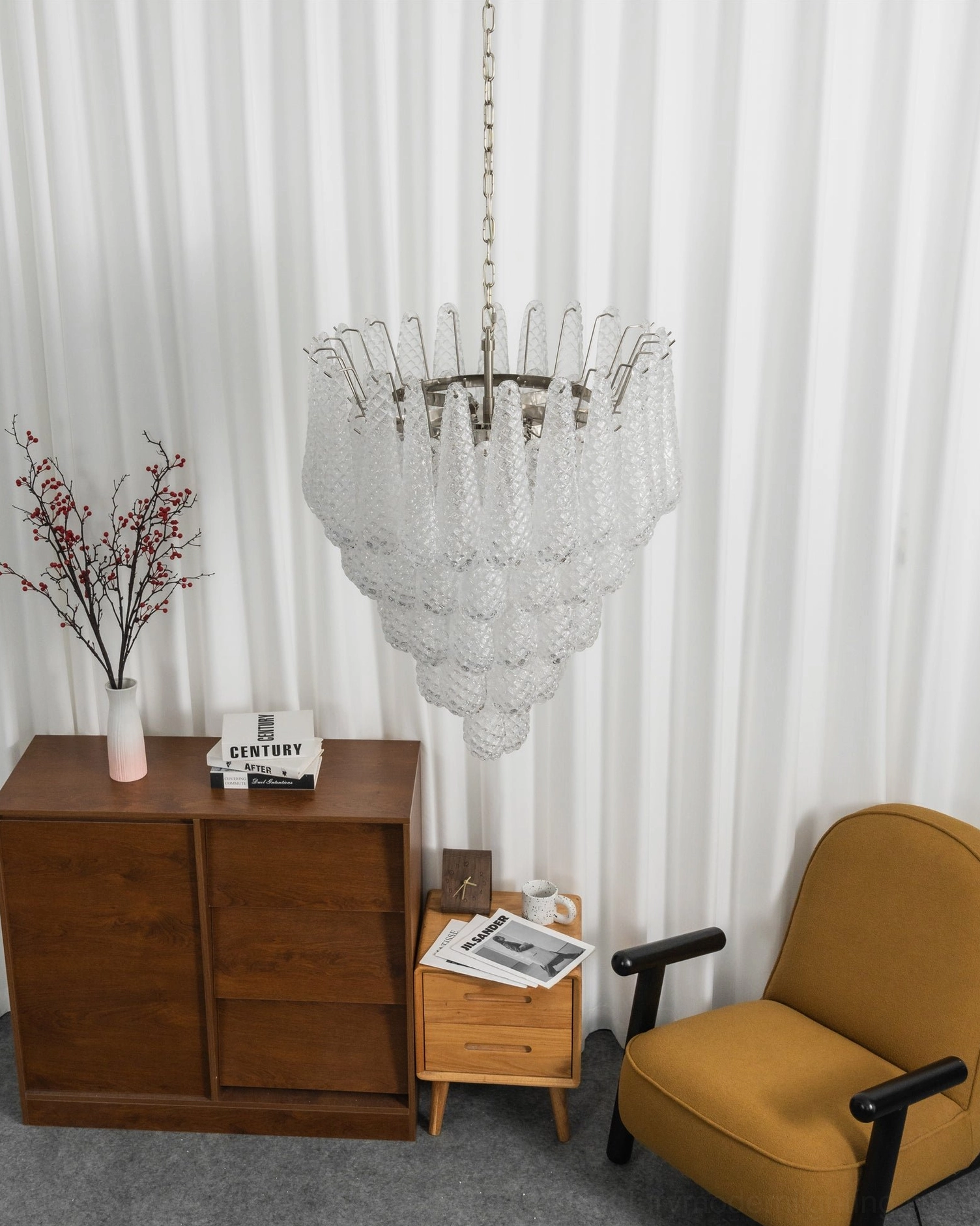 Polished nickel metal canopy and suspension system of white Murano glass chandelier with adjustable chain