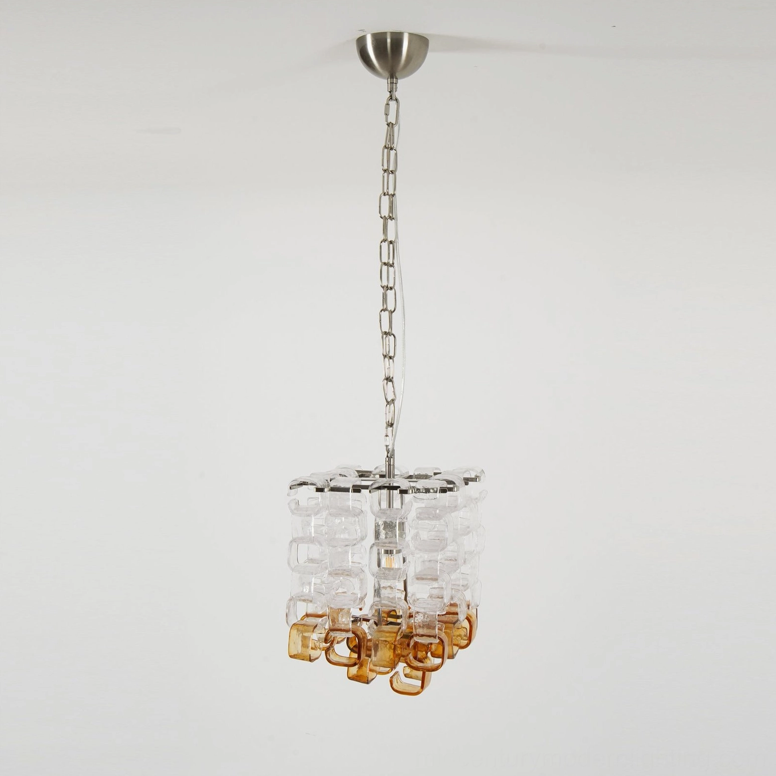 Elodie Murano glass chandelier overhead view, showing cube formation and balanced composition of glass elements and metal hardware