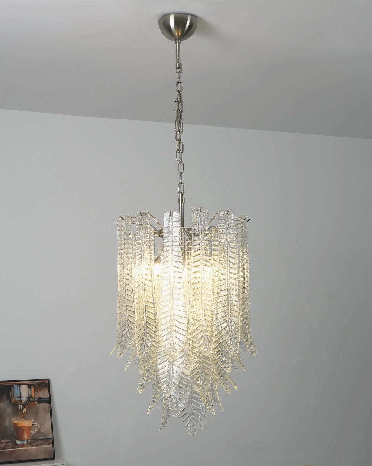 Premium Murano glass feather chandelier full product view highlighting complete design aesthetic and light-refracting glass quality