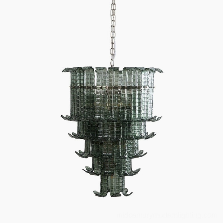 Murano tiered glass chandelier in smoked green color option, unlit studio view showing color tone and layered glass structure