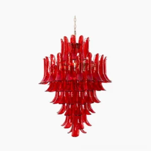 Hand-blown Murano glass chandelier with crimson cascading petals and gold metal frame, full frontal studio view showcasing tiered petal design