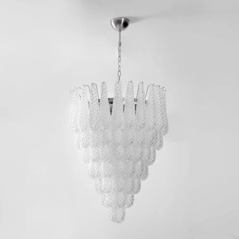 Unlit white Murano glass dewdrop chandelier with silver metal hardware and clear textured glass elements, overhead studio view