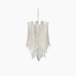 Murano glass feather chandelier hanging in studio lighting, showcasing cascading clear textured leaf design with polished chrome frame