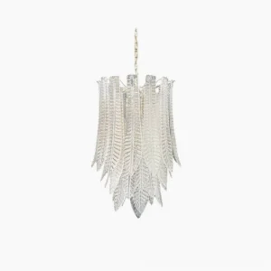 Murano glass feather chandelier hanging in studio lighting, showcasing cascading clear textured leaf design with polished chrome frame