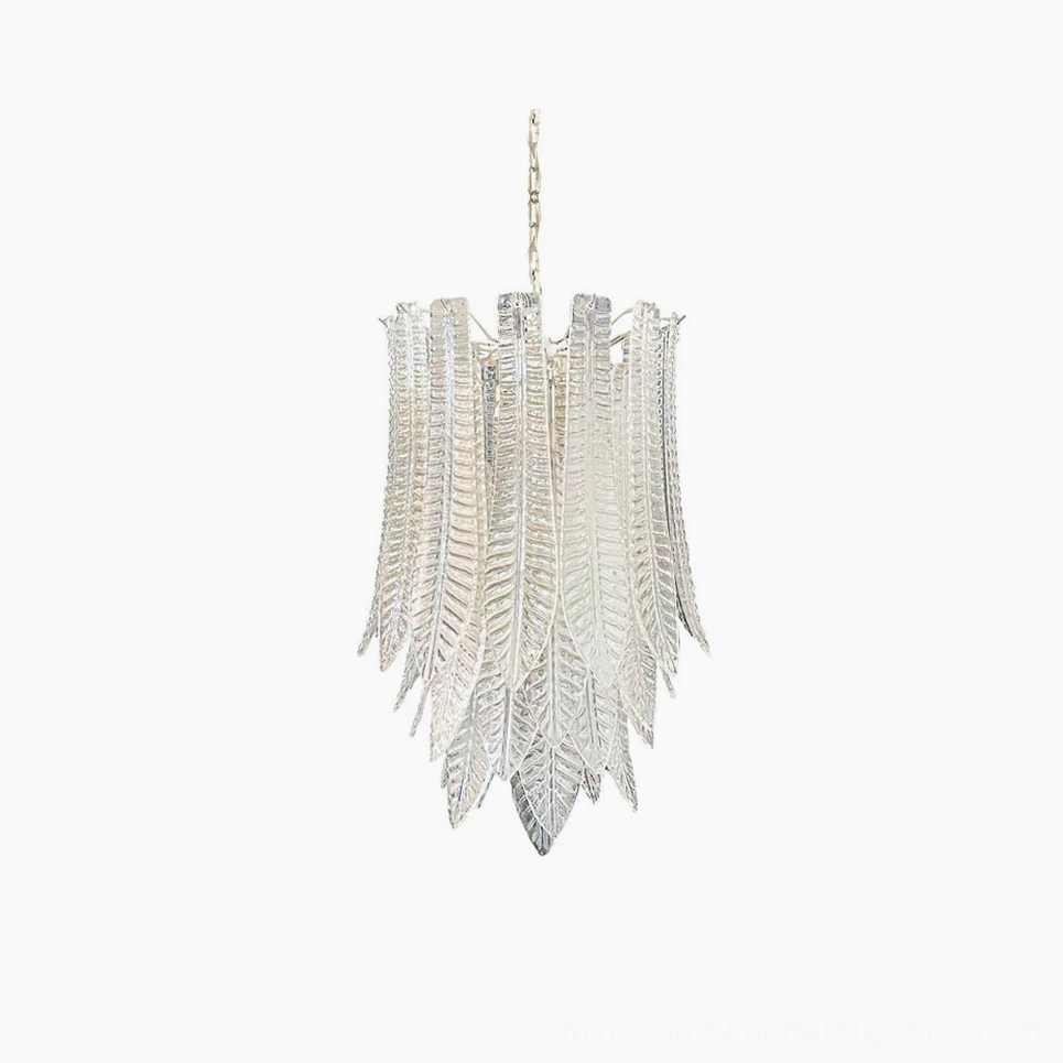 Murano glass feather chandelier hanging in studio lighting, showcasing cascading clear textured leaf design with polished chrome frame