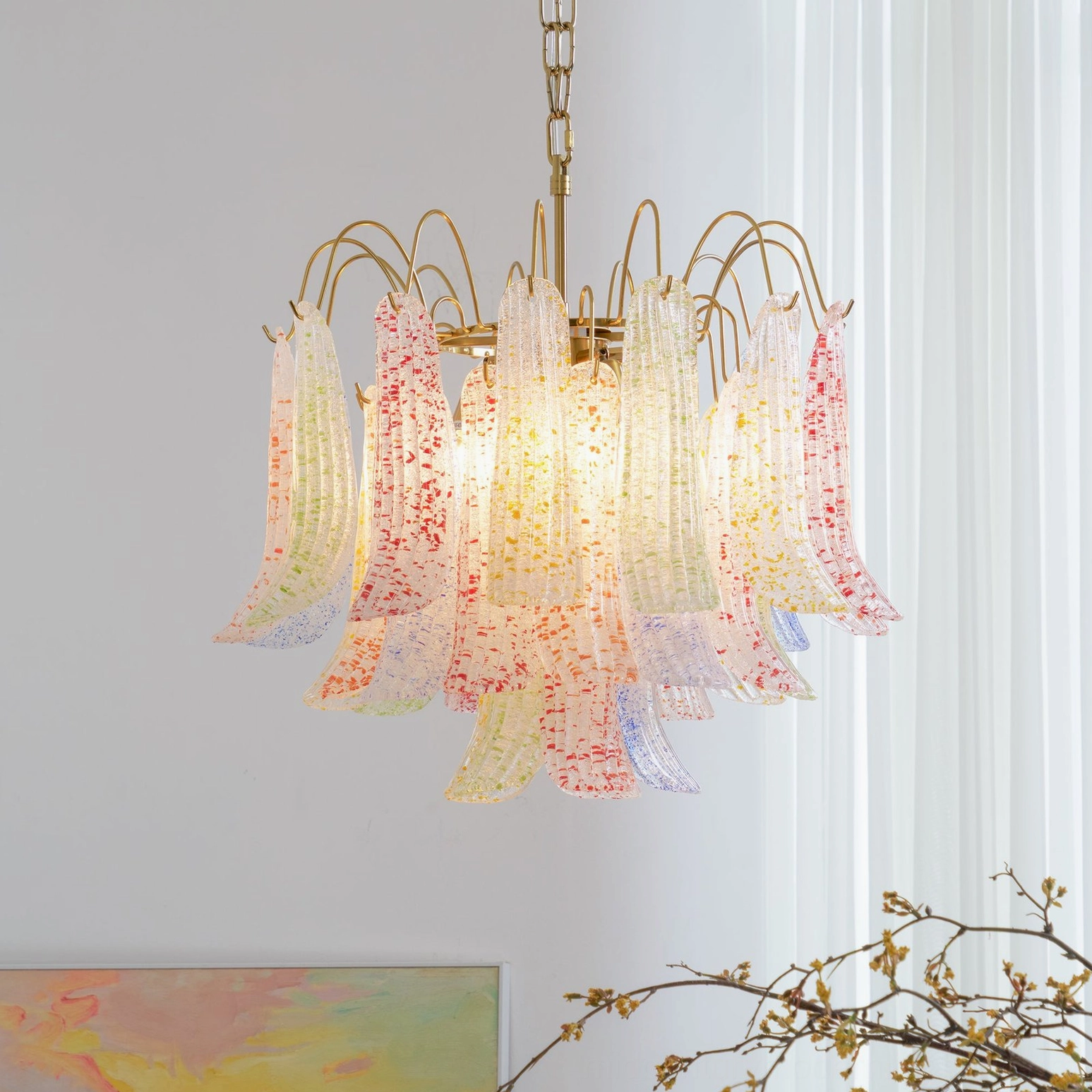 Murano glass chandelier artistic detail showing hand-molded petal form and multicolor speckling technique