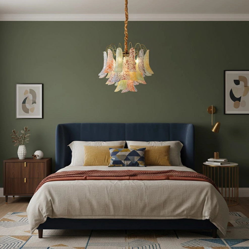 Murano glass chandelier installed in master bedroom with dark green accent wall creating warm mid-century modern ambiance