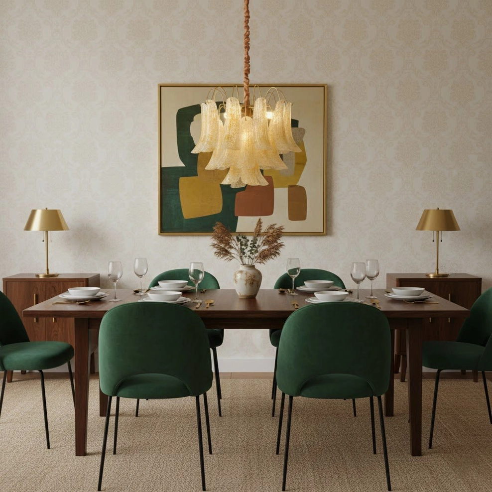 Warm neutral dining space with cream beige Murano glass chandelier creating elegant retro pendant lighting effect