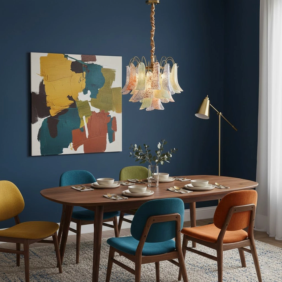 Wide angle view of Murano glass chandelier in retro dining room with navy accent wall and warm-toned ambient lighting