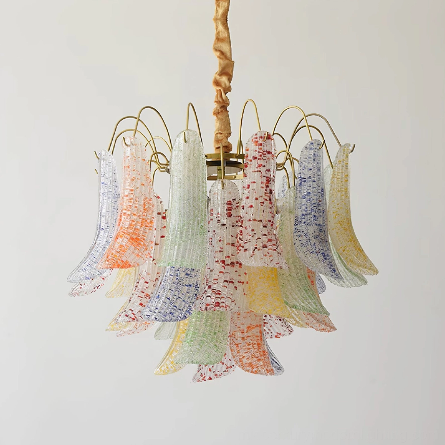 Murano glass petal chandelier with fabric-wrapped chain suspension and brass hardware detail