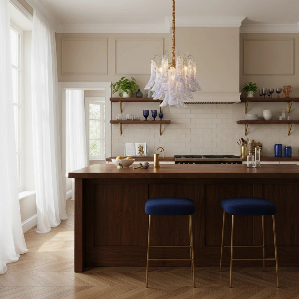 Modern farmhouse kitchen island lighting with clear white flared Murano glass shades and sleek brass hardware