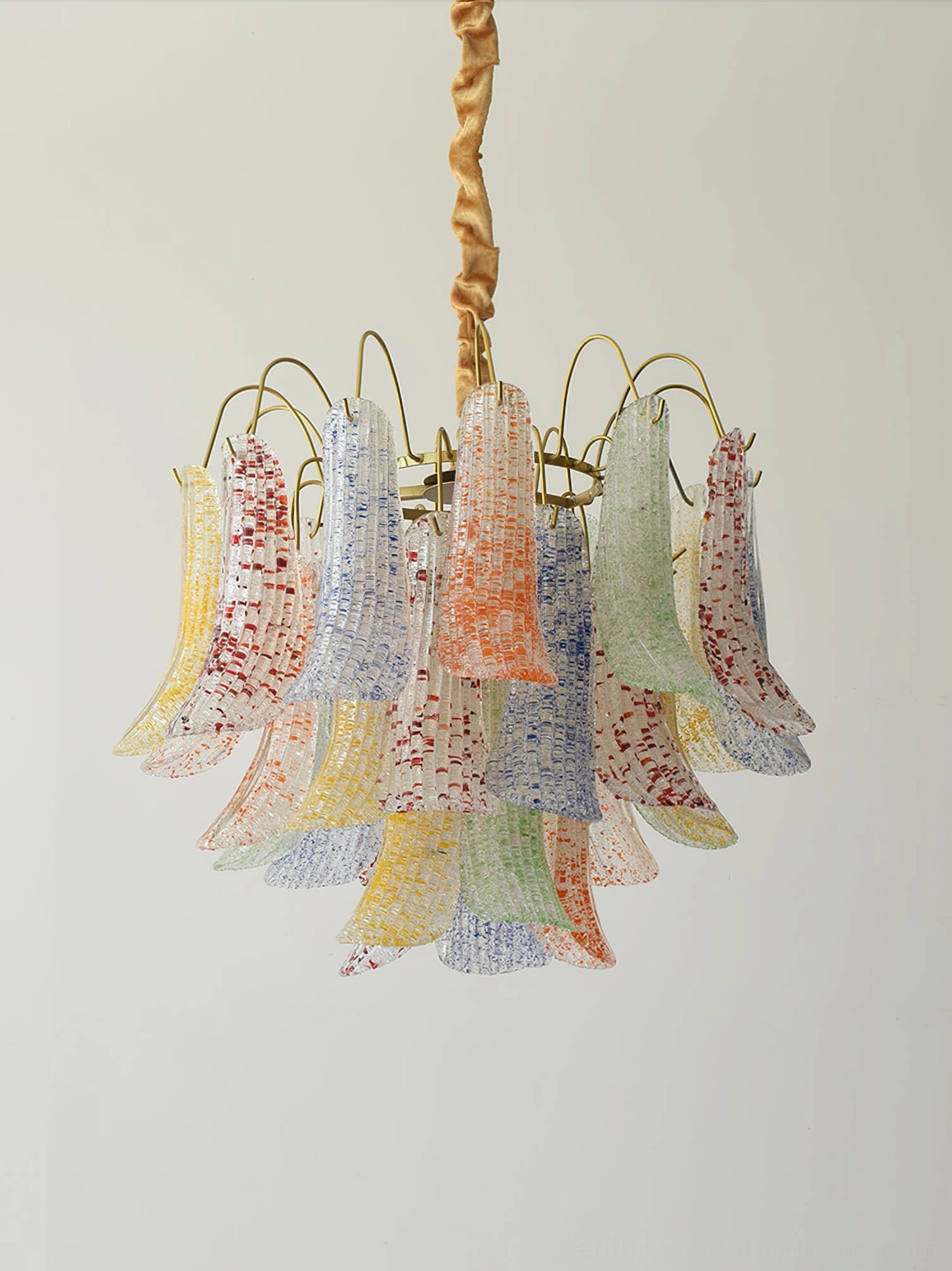 Murano glass chandelier creating layered light effects through handcrafted speckled glass petals