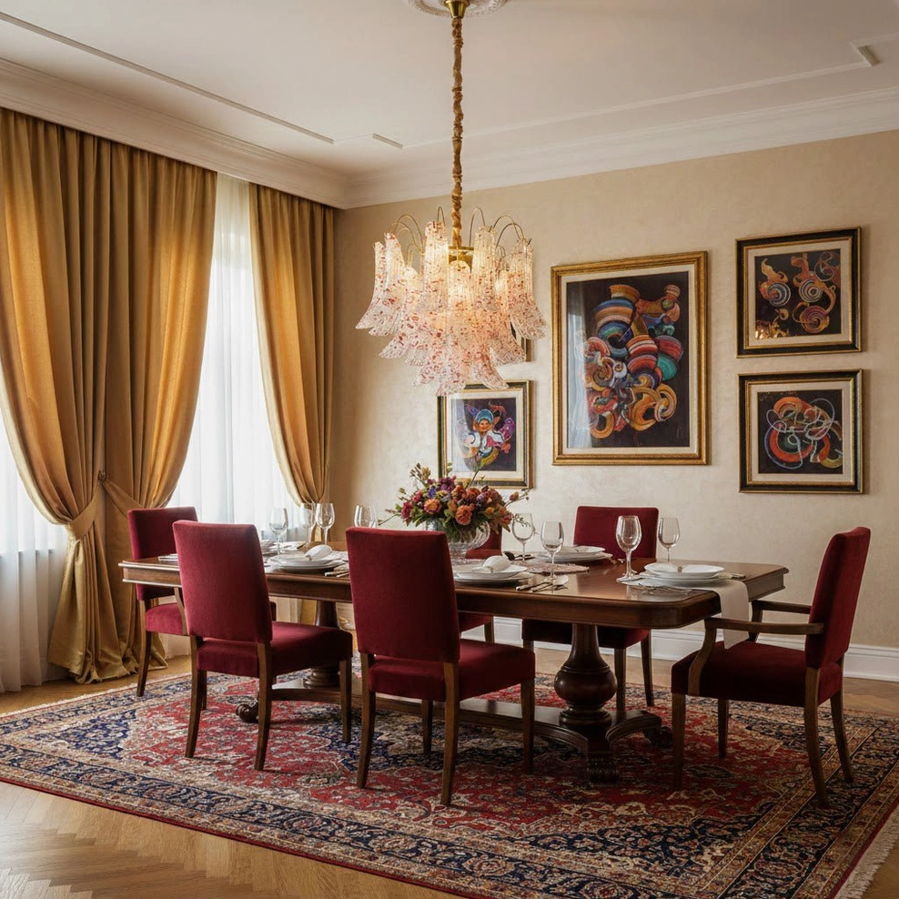 Luxury vintage dining room featuring pink speckled Murano glass chandelier with ornate metal frame