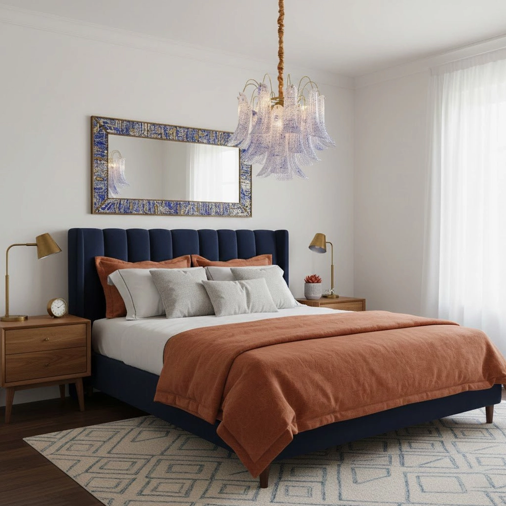 Murano glass chandelier in mid-century modern master bedroom with light purple gradient glass shades and warm lighting