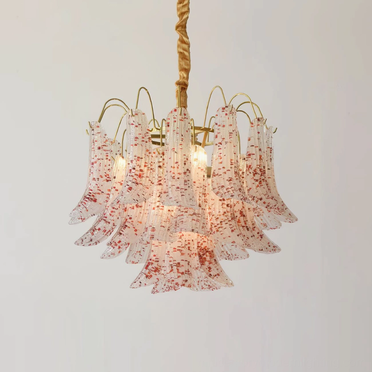 Red Murano glass chandelier with warm terra cotta and crimson speckling in transitional interior design
