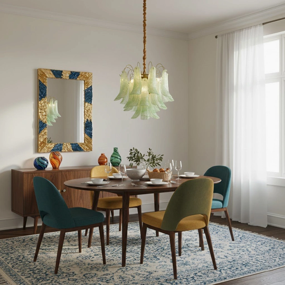 Murano style multicolor speckled glass petal chandelier hanging detail showing individual glass leaf craftsmanship
