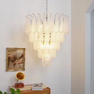 Venetian Murano glass chandelier with cascading clear glass droplets, warm glowing ambient lighting in vintage residential setting