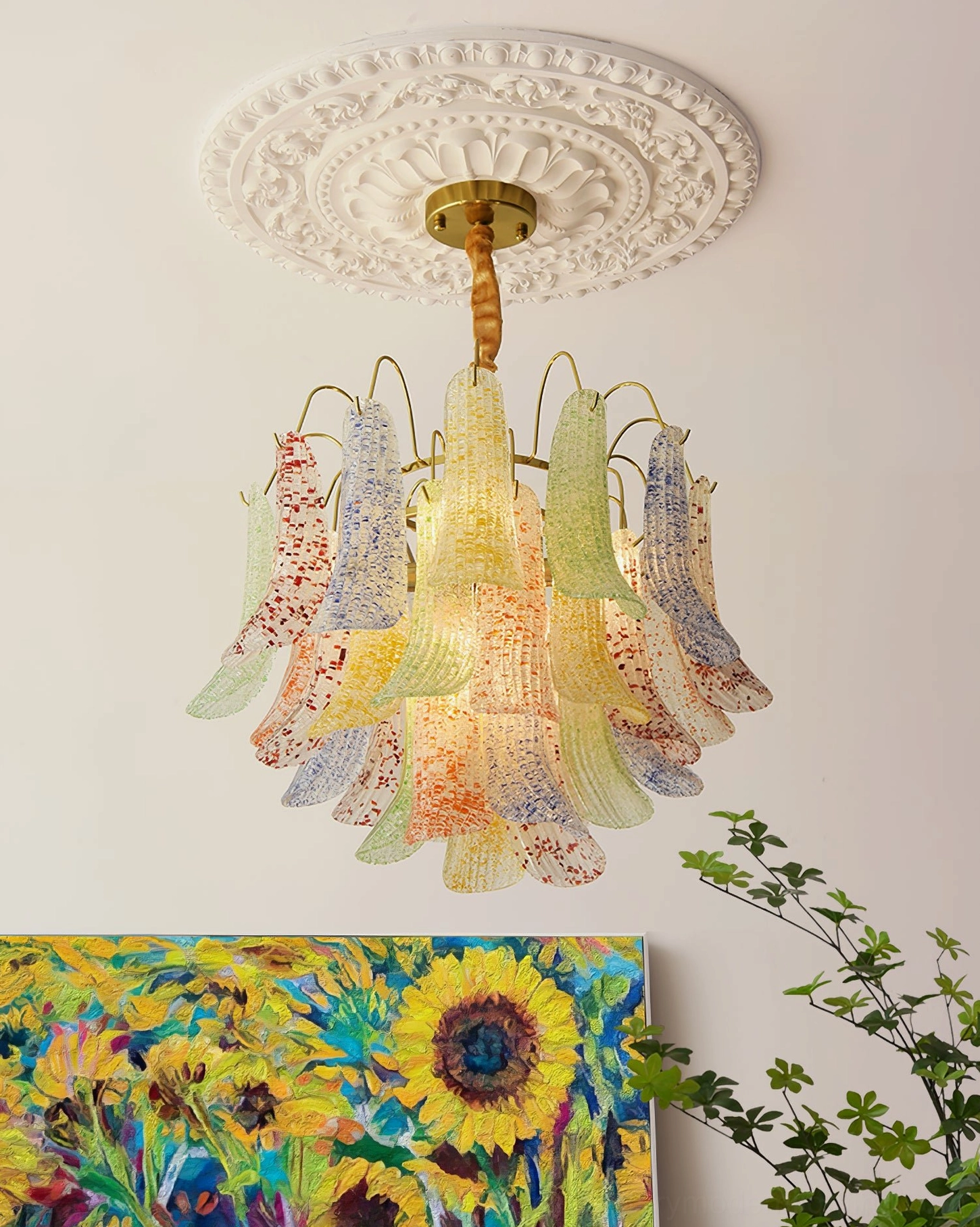 Yellow Murano glass chandelier with luminous golden amber speckling adding warmth to vintage interior