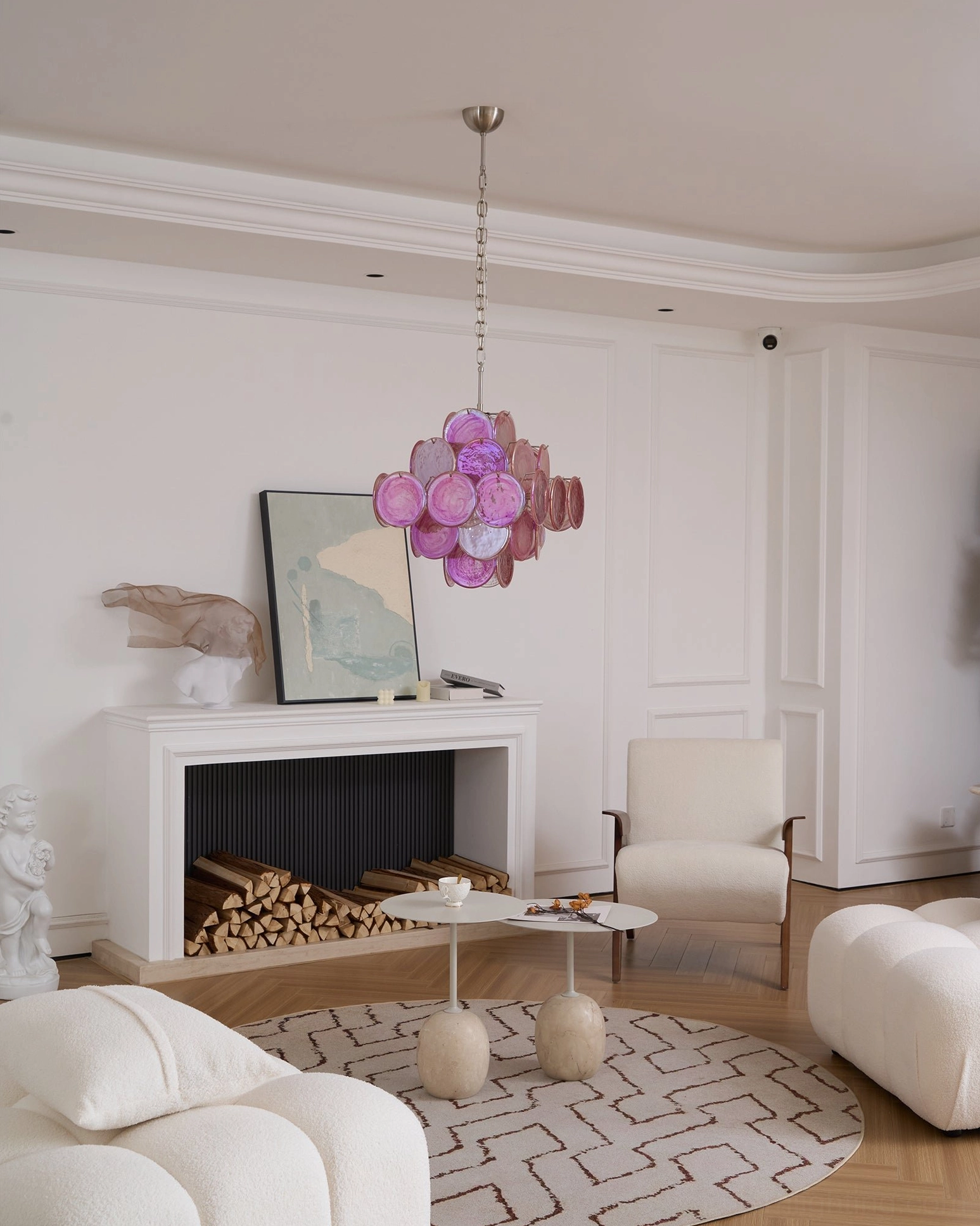 Hand-blown pink Murano glass disc chandelier detailed view showcasing Venetian glassmaking craftsmanship and artisan quality
