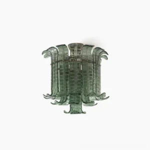 Murano glass leaf ceiling lamp top view, sage green textured glass panels, mid-century modern design