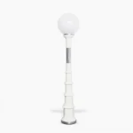 Mid-century modern Murano glass orb floor lamp with white stacked aluminum pole and chrome accents on studio white background
