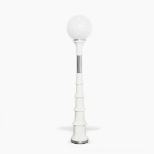 Mid-century modern Murano glass orb floor lamp with white stacked aluminum pole and chrome accents on studio white background