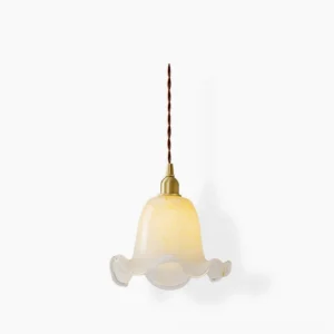 Handcrafted murano glass pendant lamp with ruffled bell-shaped dome and polished brass hardware on white background