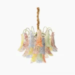 Murano glass petal chandelier front close-up studio view with multicolor speckled glass leaves and brass frame