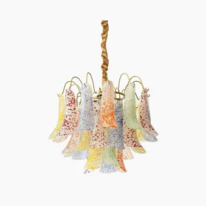 Murano glass petal chandelier front close-up studio view with multicolor speckled glass leaves and brass frame
