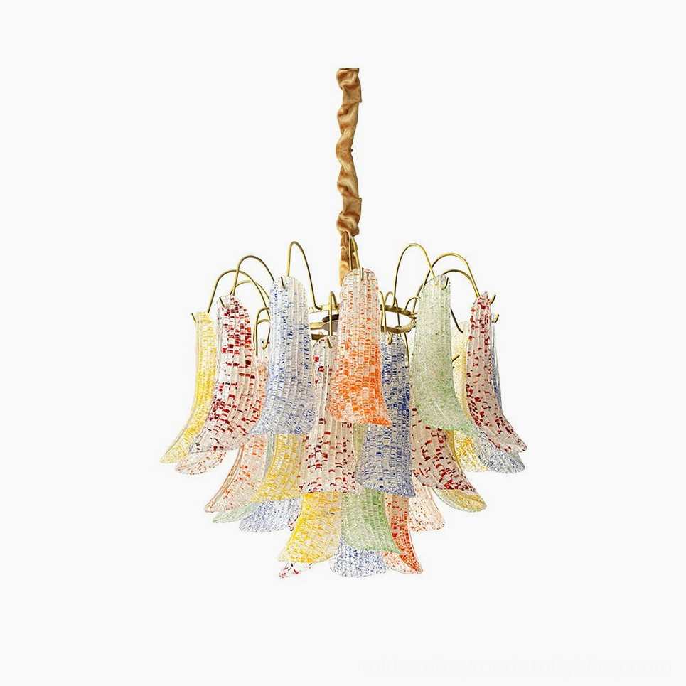 Murano glass petal chandelier front close-up studio view with multicolor speckled glass leaves and brass frame