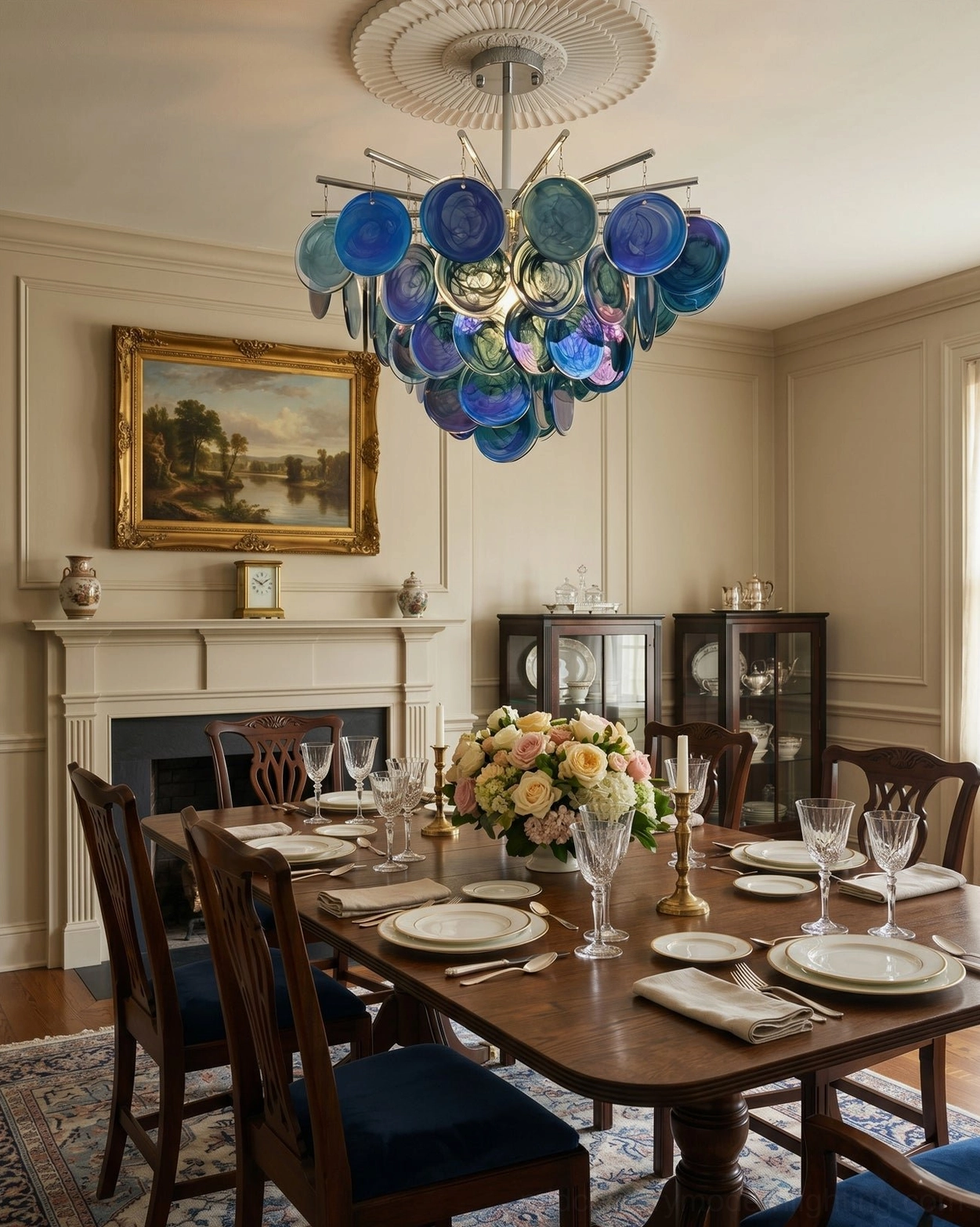 Sputnik chandelier with translucent marble-swirl glass discs showing individual hand-formed glass shapes