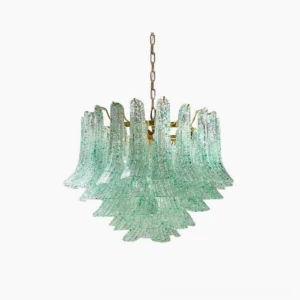 Murano green chandelier with multi-tiered handcrafted glass and brass frame, overhead studio view showcasing mid-century modern design