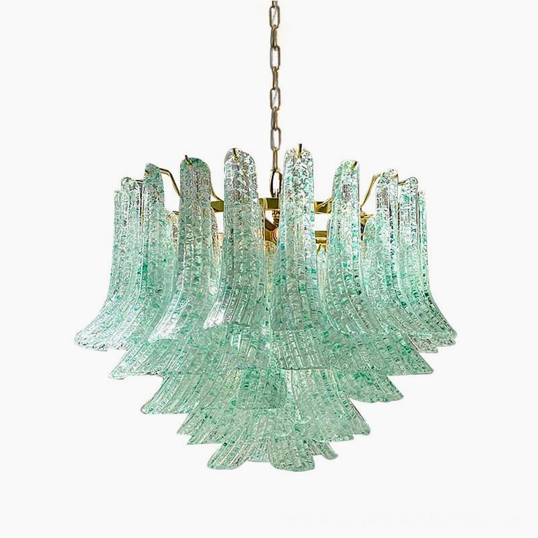 Handcrafted Murano green glass chandelier with tiered ruffled glass design, brass suspension chain and frame in clean studio setting