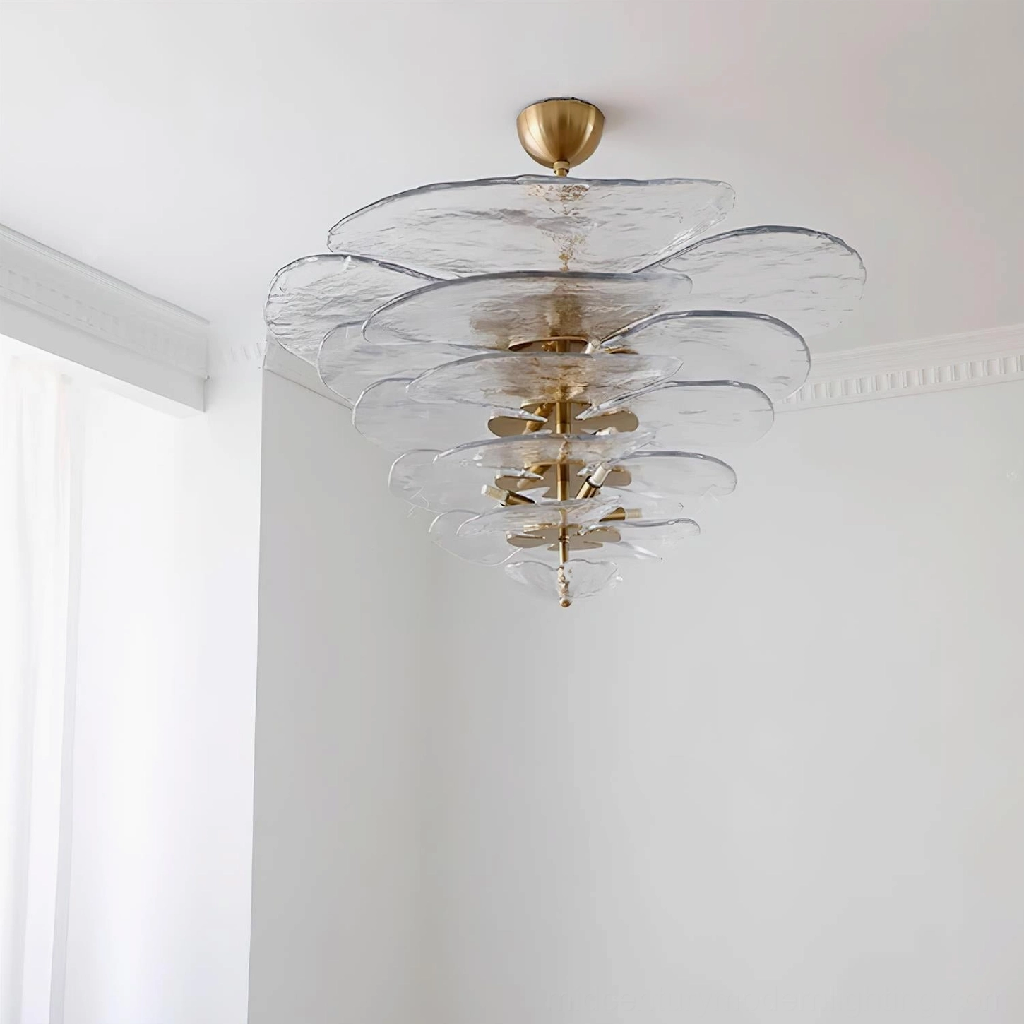 Murano lotus leaf chandelier detail view of individual hand-blown glass petals and assembly